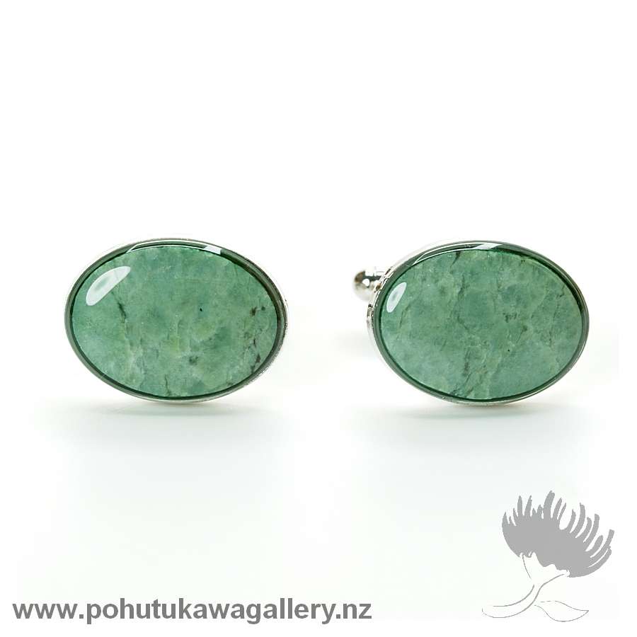 Greenstone Cufflinks | Oval Silvertone NZD